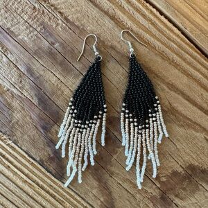 Beaded black, white, gold earrings